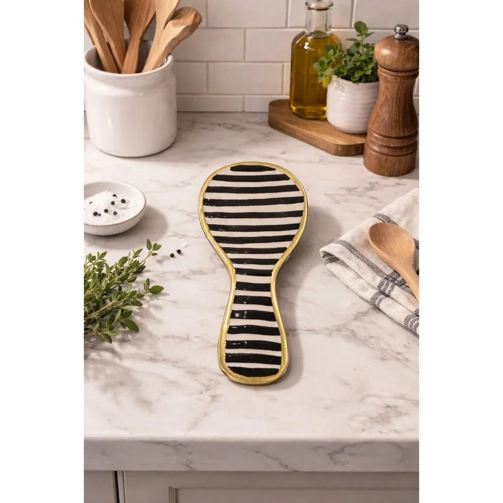 New Modern Black & Whte Stripped W/ Gold Trim Kitchen Spoon Rest Decor